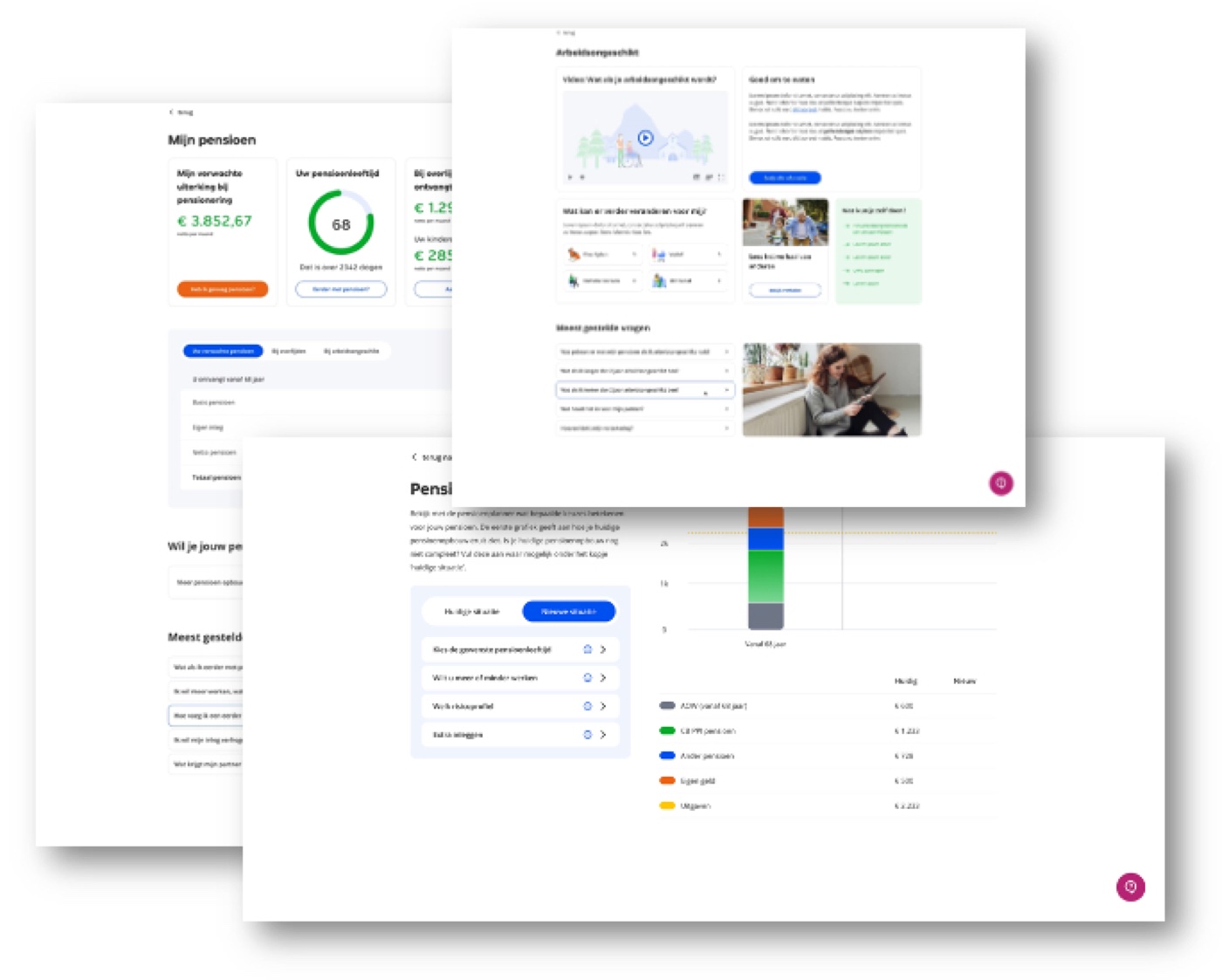 Ontwerp van een pensioenportaal met pensioenoverzicht, informatie en keuzebegeleiding.